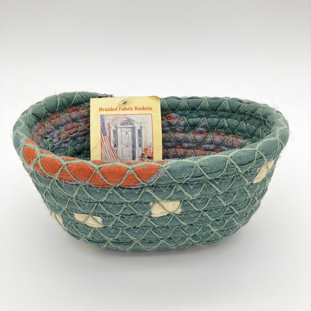 Plantation Creations Braided Fabric Basket Oval 8in Green Rust Handcrafted NWT
